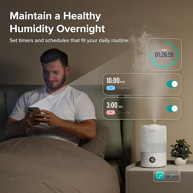 LEVOIT Smart Cool Mist Top Fill Humidifiers for Bedroom Baby with Sensor, Auto Humidity Setting, APP & Voice Control, Essential Oil Diffuser, Ultra Quiet Operation, Easy Top Fill, 3L, White