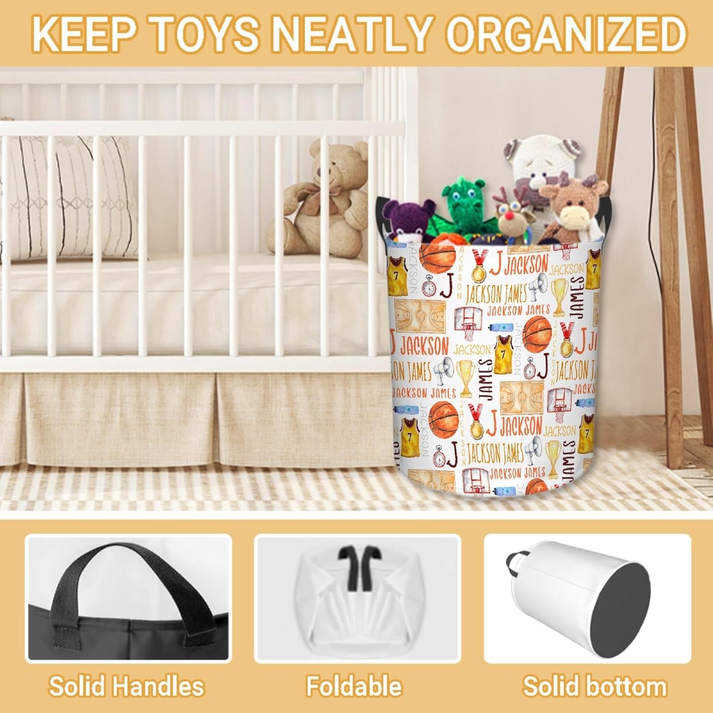 Personalized Basketball Laundry Basket, Custom Sports Laundry Hamper With Name Gifts For Kids Baby Adults, Collapsible Dirty Clothes Storage Organizer With Handles M 19.6 X 15.7in