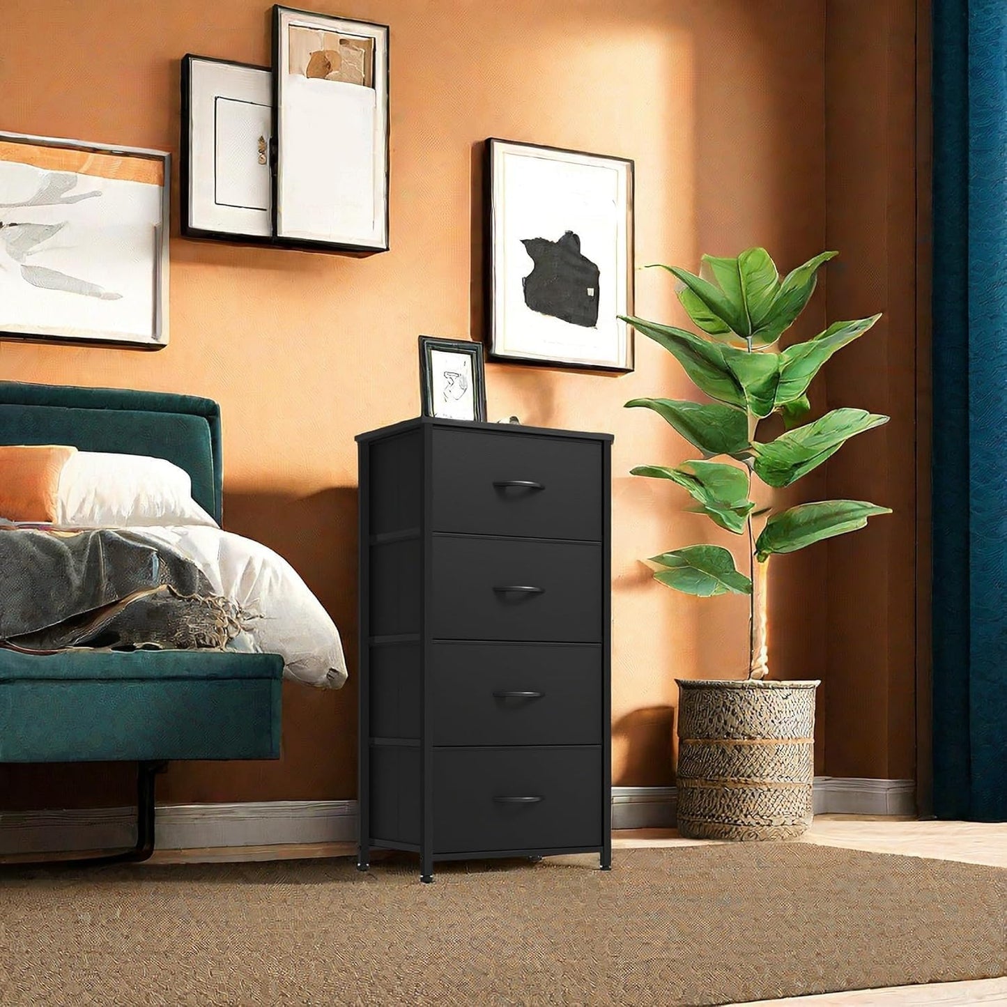 DWVO Storage Tower with 4 Drawers - Fabric Dresser, Organizer Unit, Living Room, Closets - Sturdy Steel Frame, Easy Pull Fabric Bins & Wooden Top