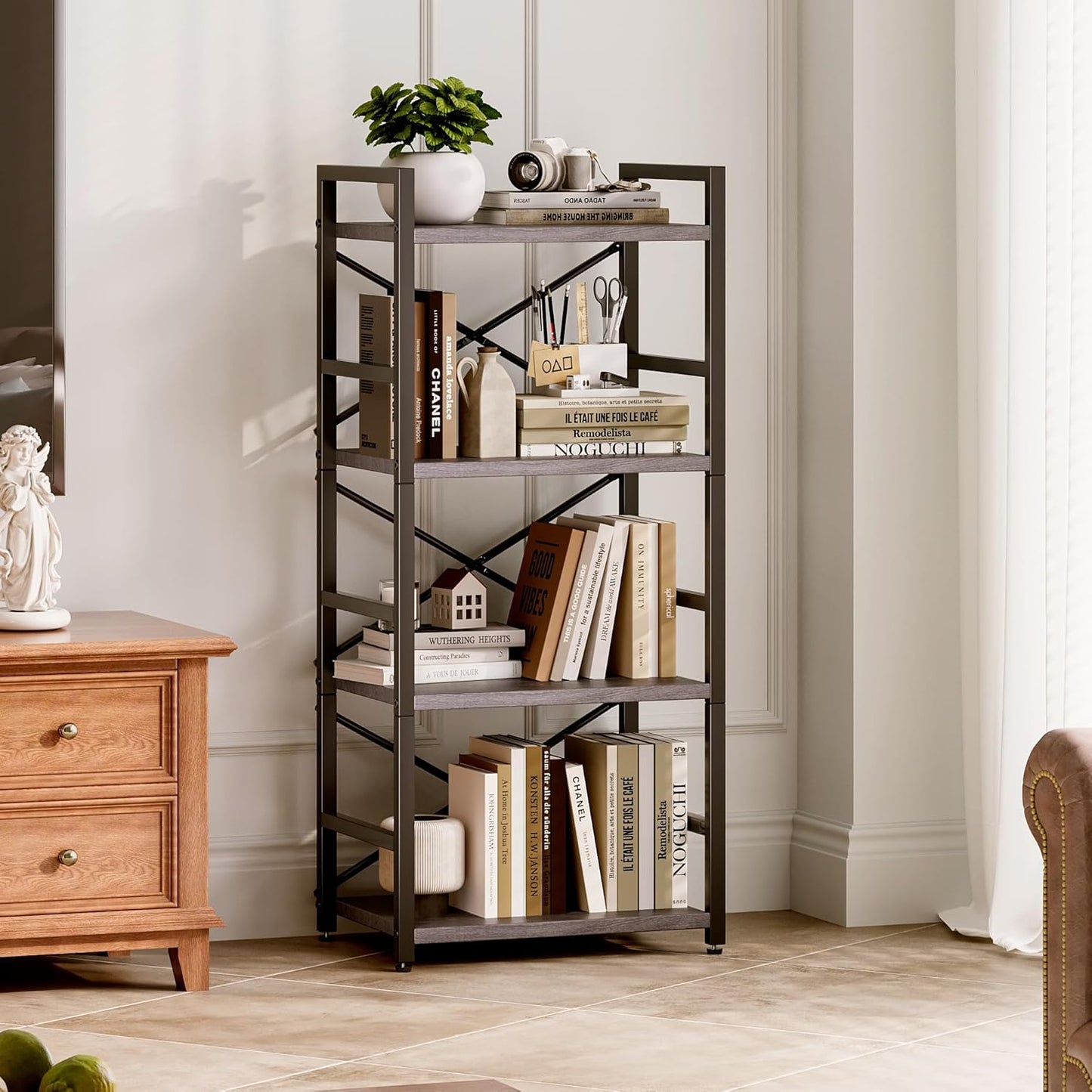 Homeiju Grey Bookshelf, 4 Tier Small Bookcase for CD/Movie/Book, Book Shelf Organization and Storage for Bedroom, Kid's Room, and Home Furniture (Grey)