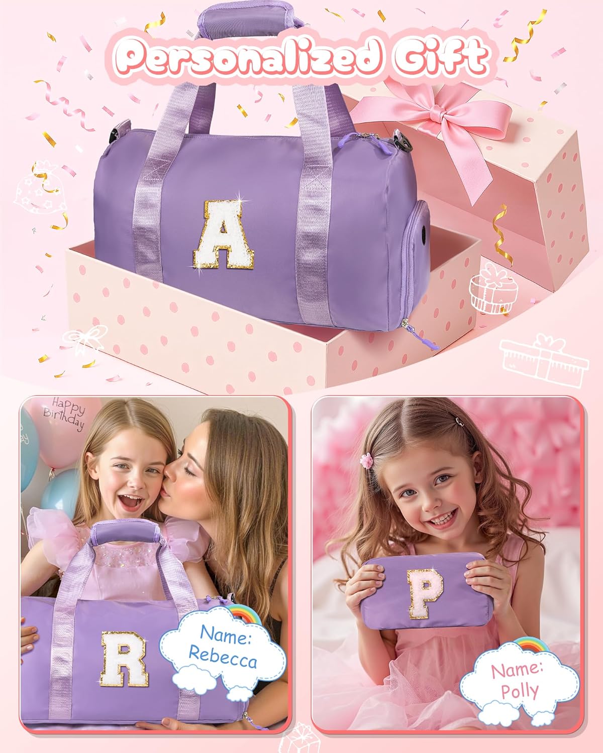 9 Year Old Girl Birthday Gifts-Girl Gym Bag with Shoe Compartment, Kid Personalized Weekender Overnight Bags, Travel Tote with Makeup Pouch, Easter Gift 5 6 7 8 9 10 Year Old (Letter N)