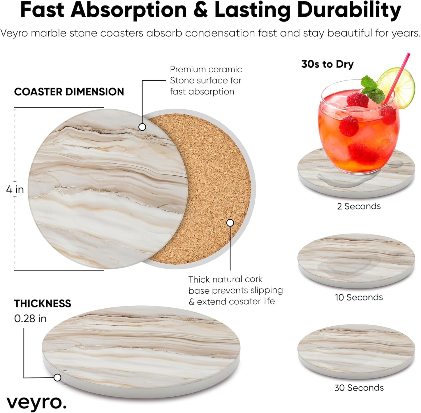 VEYRO Coasters Set of 6 for Drinks – Absorbent Ceramic Stone Drink Coasters with Cork Backing for Coffee Table & Desk, Modern Marble Look Cup Coaster Set, Housewarming Gift for New Home
