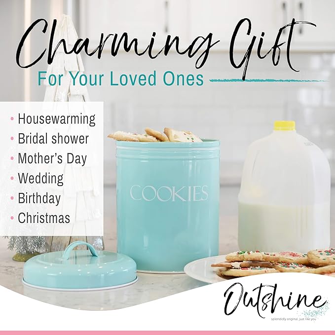 OUTSHINE Cookie Jars for Kitchen Counter | Farmhouse Mint Cookie Jar with Airtight Lids | Vintage Metal Cookie Container | Sweet Cookie Jar for Countertop