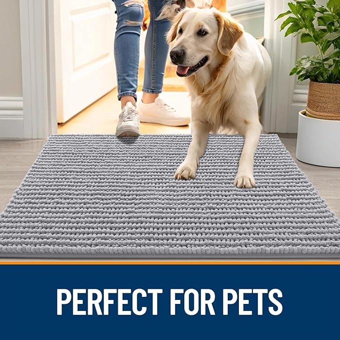 OLANLY Dog Door Mat for Muddy Paws 47x17, Ultra Absorbent Chenille Mud Doormat, Non-Slip Washable and Dirt Trapping Doormat for Indoor Entryway, Quick-Dry Indoor Pet Bed Mats for Dogs, Light Grey