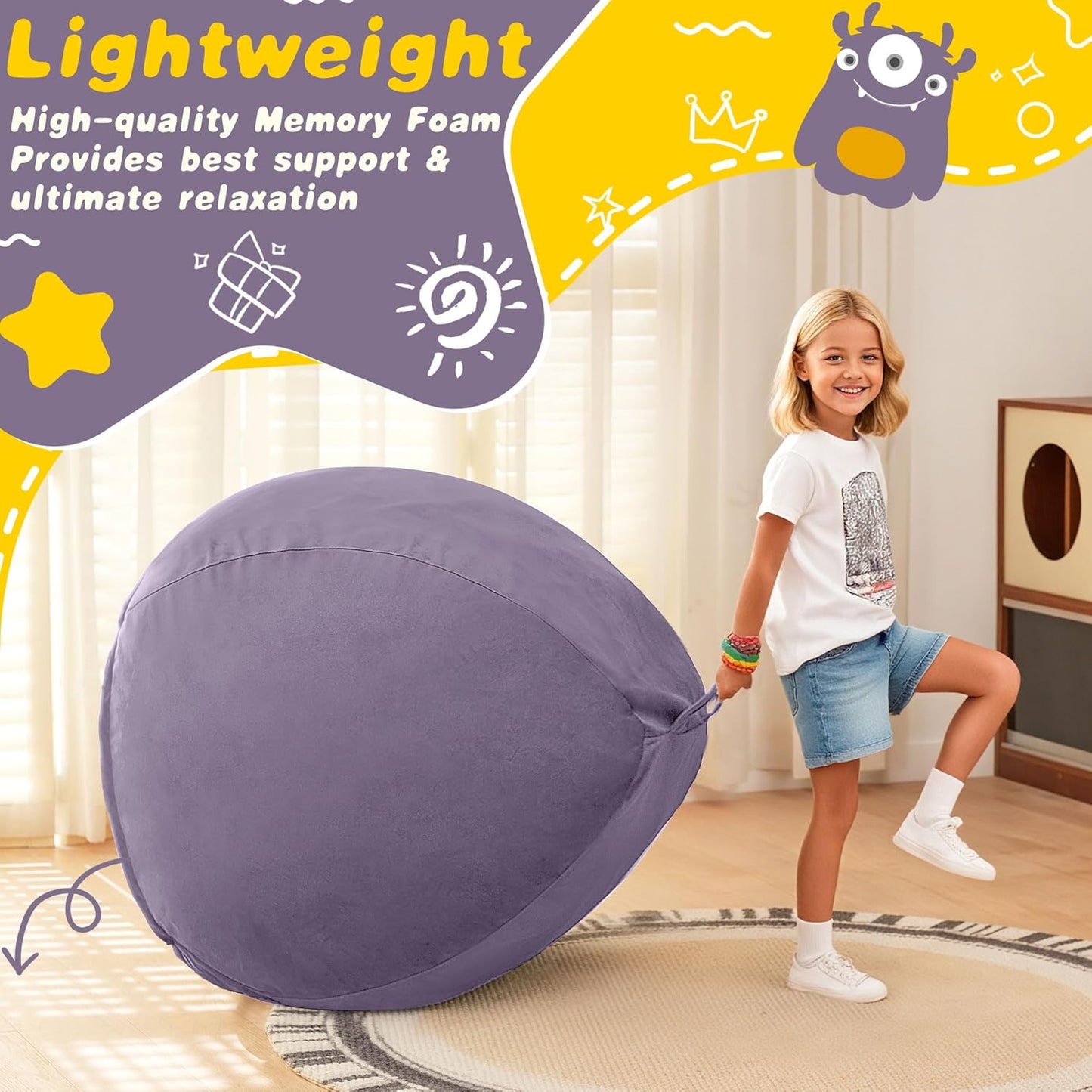 HABUTWAY 2FT Bean Bag Chair, 2' Beanbags Small Bean Bag Chairs with Filling, Teardrop Bean Bag Chair Luxurious Velvet Ultra Soft Fur with Removable Cover (Purple)
