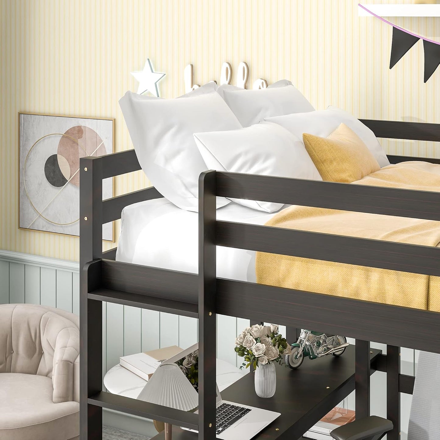 HomSof Full Loft Bed with Desk and Shelves,Espresso