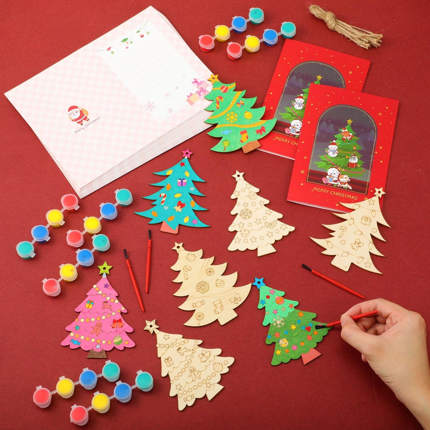 Blueweenly 24 Sets Christmas Craft Painting Kits for Kid DIY Wooden Christmas Tree Ornaments with Greeting Cards to Paint Cutouts Crafts Decorations Art Craft for Classroom Holiday Activities Party