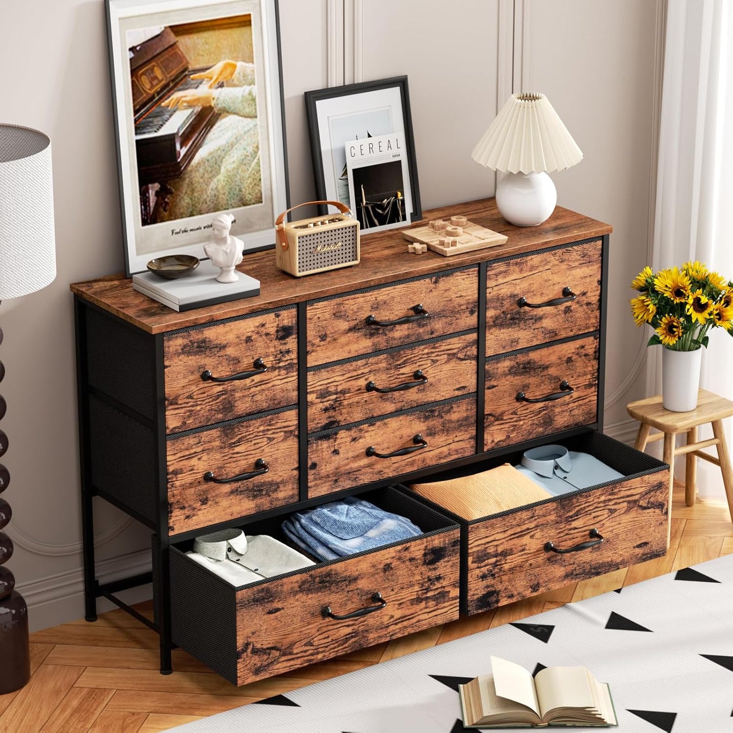 Furnulem Dresser for Bedroom with 9 Fabric Drawers for 55'' Long TV Stand Entertainment Center & Chest of Drawer, Wide Dresser Storage for Living Room, Dorm, Entryway, Sturdy Metal Frame, Rustic Brown