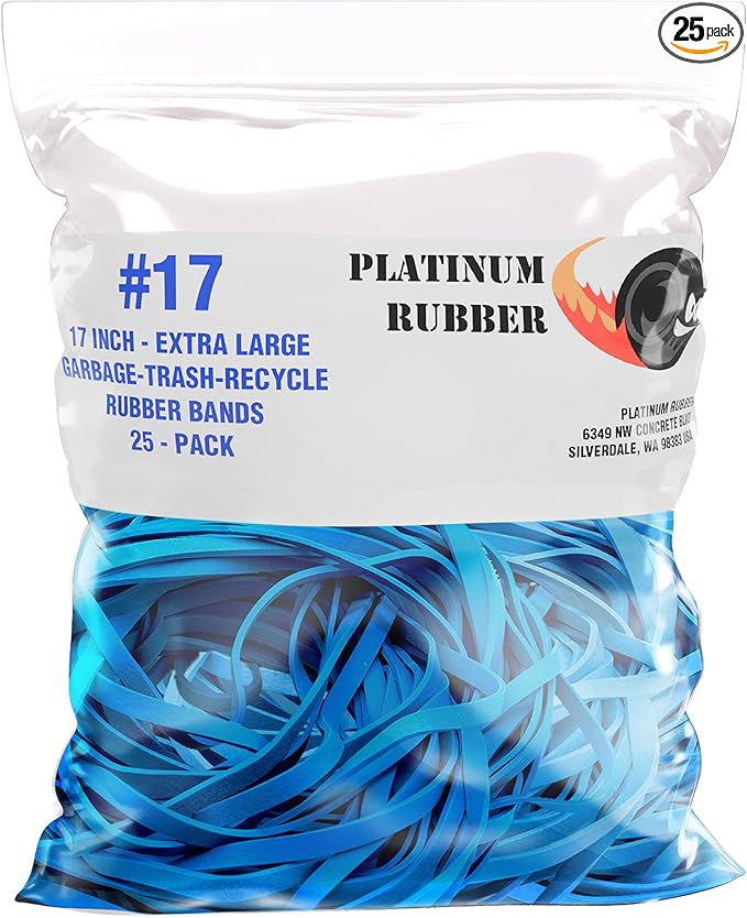 Garbage Trash Can Rubber Bands Blue Large Size 17" Inch Rubberbands Kitchen Compactor Tote Bin 55-65 Gallon, 95, 96-100 Gal Toter Oversize Big bag liner holder, 55 Drums Litter Pails Buckets (25-Pack)