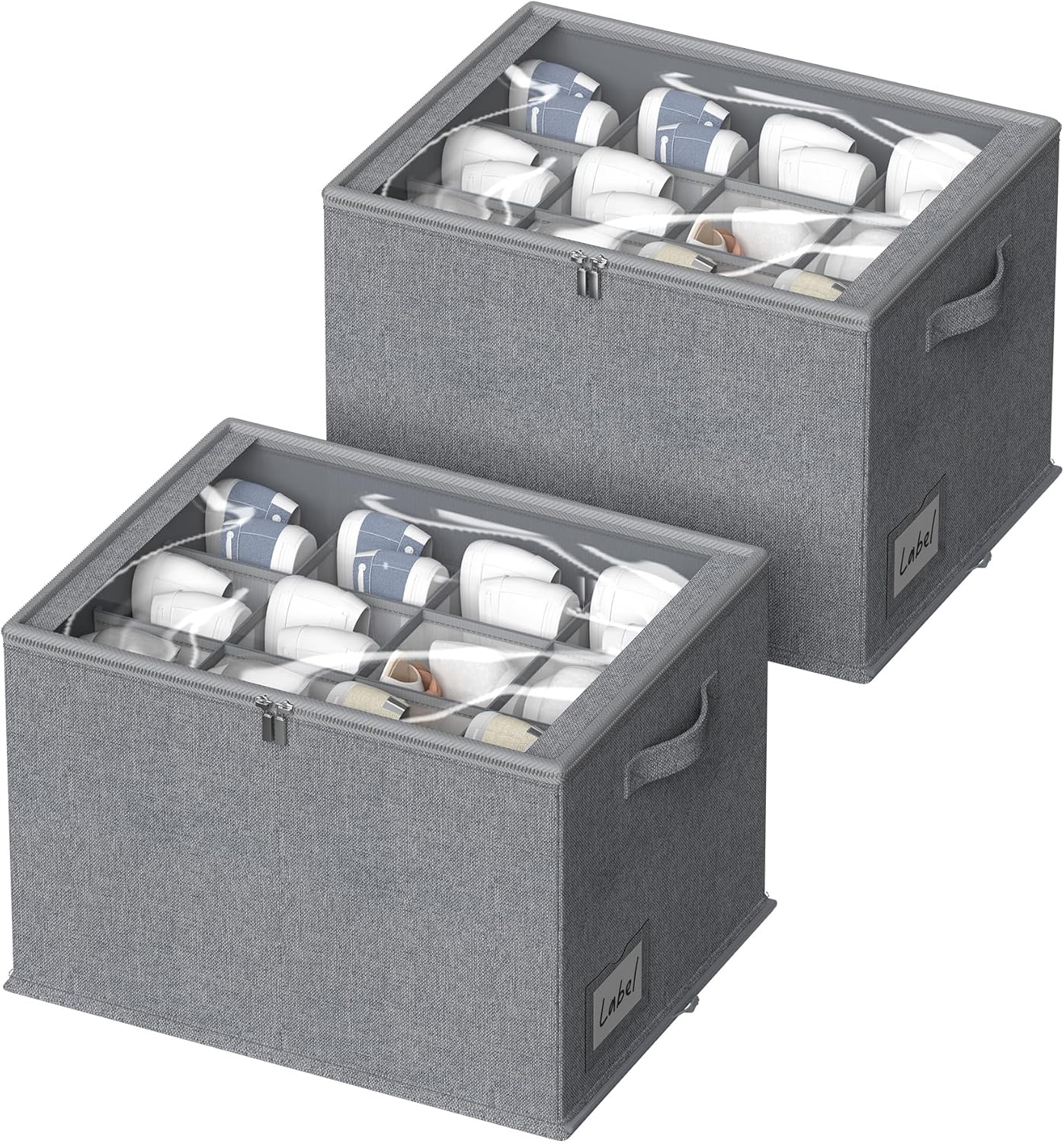 2 Pack Shoe Organizer for Closet - Shoe Storage Bins with Clear Cover, Fabric Shoe Storage Containers with Reinforced Handles, Fits up to 24 Pairs (Grey, 16.5 * 12.6 * 12.2in)