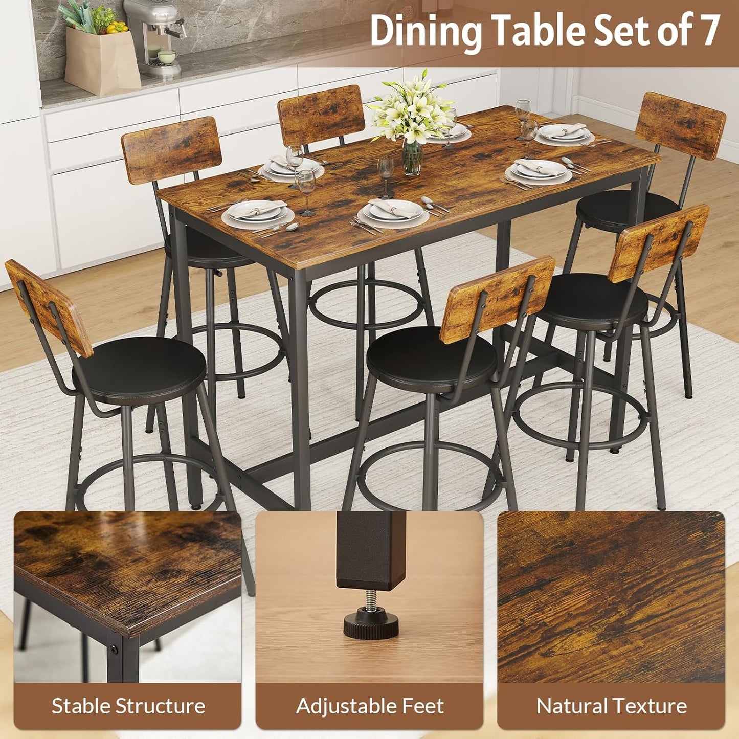 Rovibek Dining Table Set for 6, Bar Table and Chairs Set, Modern 6 Piece High Top Table and Chairs, Industrial Bar Height Pub Tables for Kitchen, Dining Room, Brown