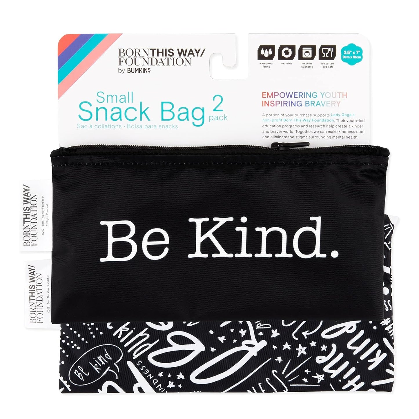 Bumkins Reusable Snack Bags, for Kids School Lunch and for Adults Portion, Washable Fabric, Waterproof Cloth Zip Bag, Supplies Travel Pouch, Food-Safe Storage, 2-pk Born This Way Be Kind