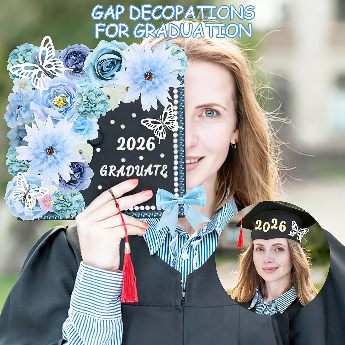 69 Pcs Graduation Cap Decorations Kits, Grad Cap Topper Decorations Included Faux Flowers 3D Butterfly Bow Rhinestones Alphabet Letter Stickers for Graduation Cap Topper DIY Craft Art Decor (Blue)