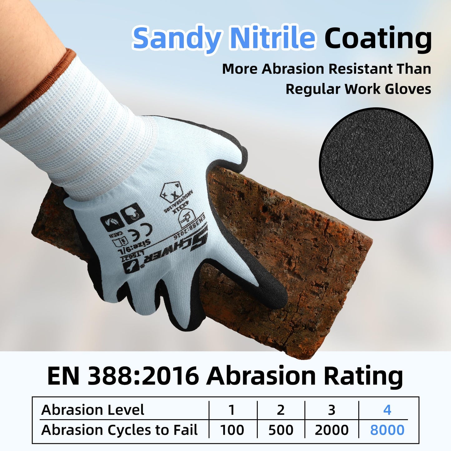Schwer 6 Pairs Safety Work Gloves with Sandy Nitrile Coating, Extreme Fiber-Abrasion Resistance(Level 6-Certified) Heavy Duty Working Glove with Grip for Men Women, A2 Cut Glove, for Construction, M