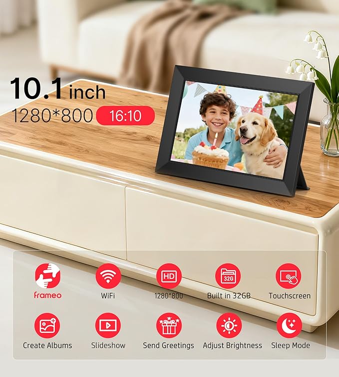 BIGASUO Digital Picture Frame, 10.1" Frameo Digital Frame WiFi with 32GB Memory, 1280x800 IPS Touch Screen, Send Photos/Videos from Your Phone Anywhere, Photo Gifts for Parents and Grandparents