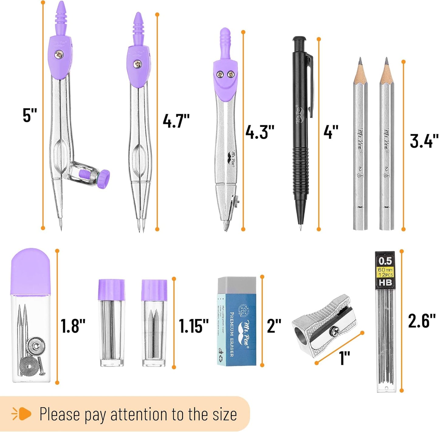 Mr. Pen- Geometry Set, 15 pcs, Purple, 6 Inch Swing Arm Protractor, Divider, Set Squares, Ruler, Compasses and Protractor