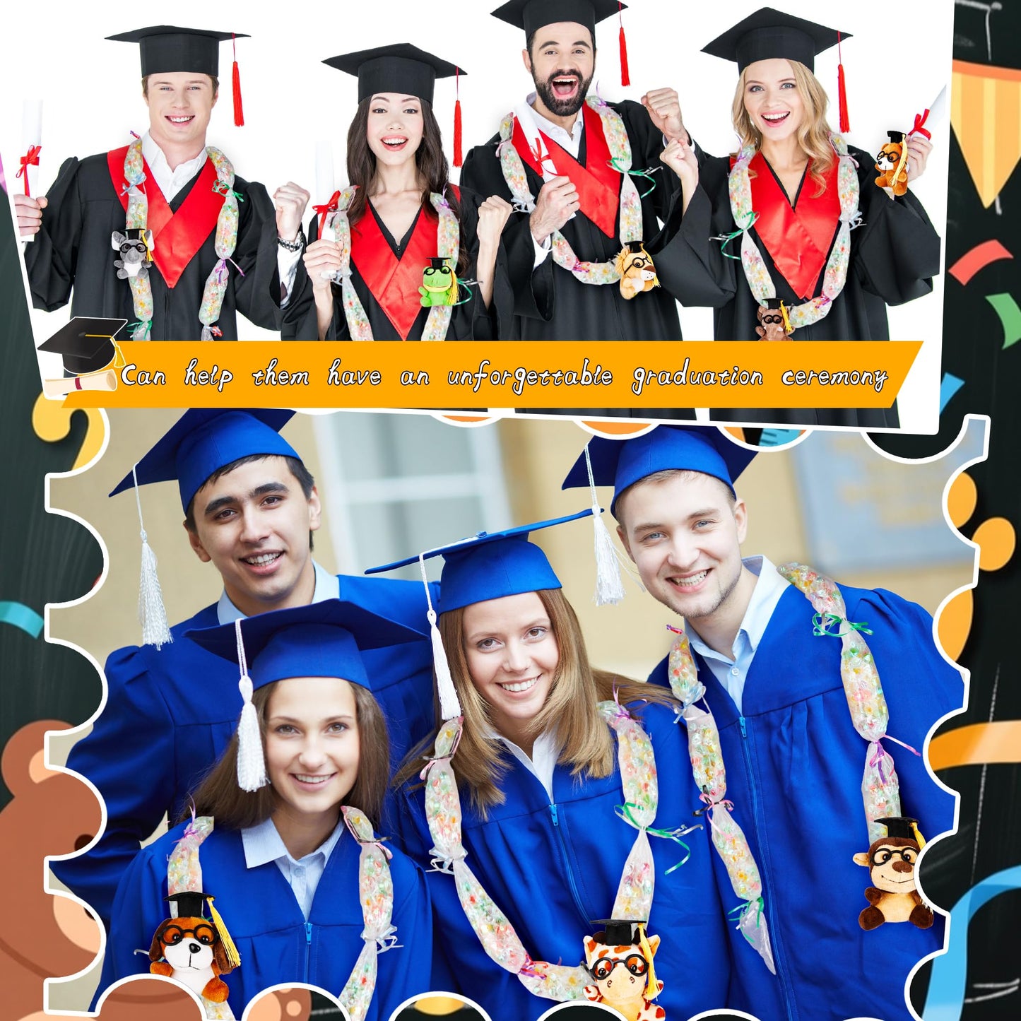 Mikasee 42 Pcs Graduation Stuffed Animal Candy Lei Making Kit 16 Graduation Stuffed Animal 16 Pcs Graduation Tube Bag with 10 Rolls Gift Ribbon for School Graduation Wreaths