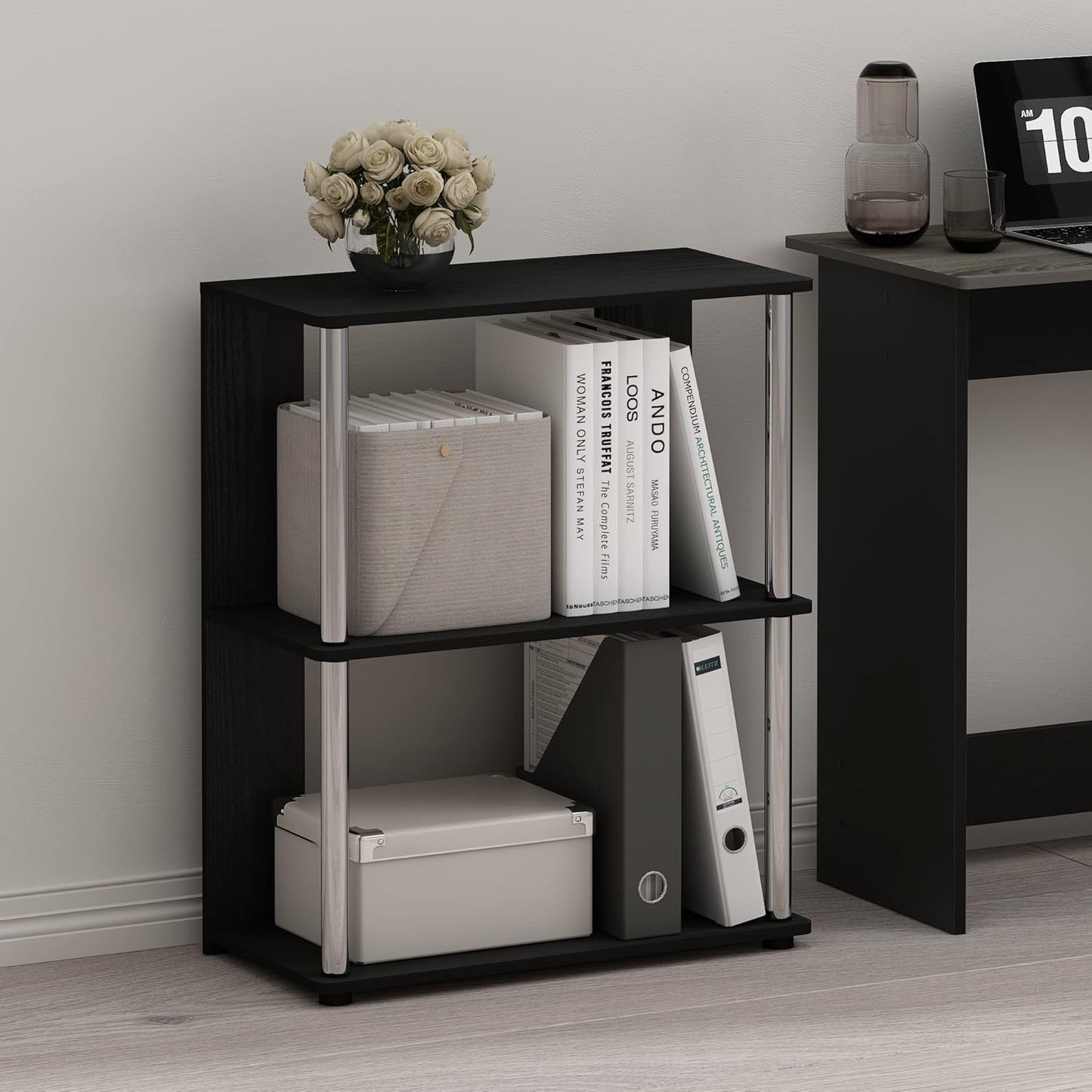 Furinno Jaya Simple Design 3-Tier Bookcase/Bookshelf/Display Rack with Stainless Steel Tubes, Americano