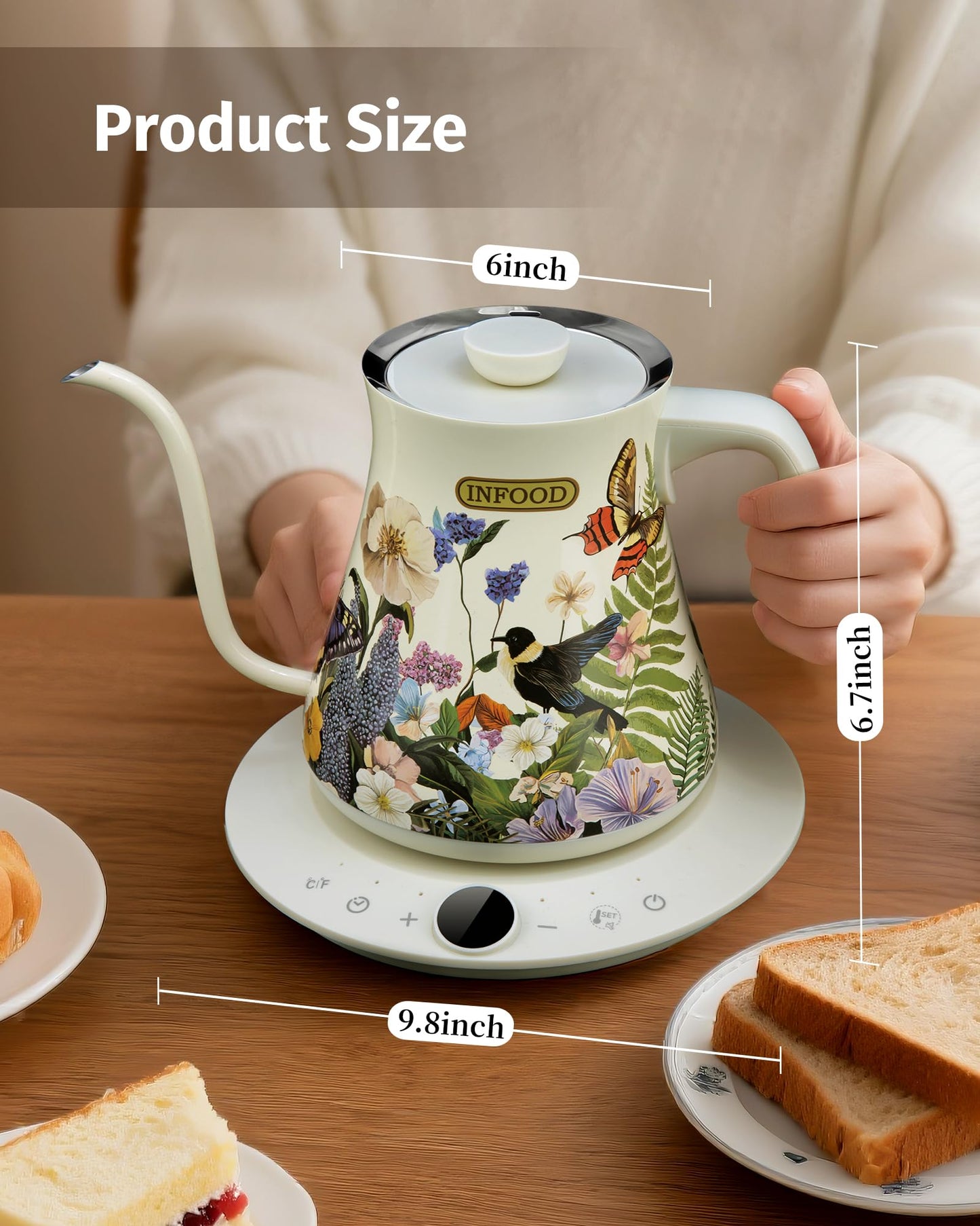 INFOOD 0.8L Gooseneck Electric Kettle, Precise Temperature Control for Pour Over Coffee & Tea, 1200W Fast Boiling Water, Auto Shut Off, Scheduling, Stainless Steel, Floral Painted Design