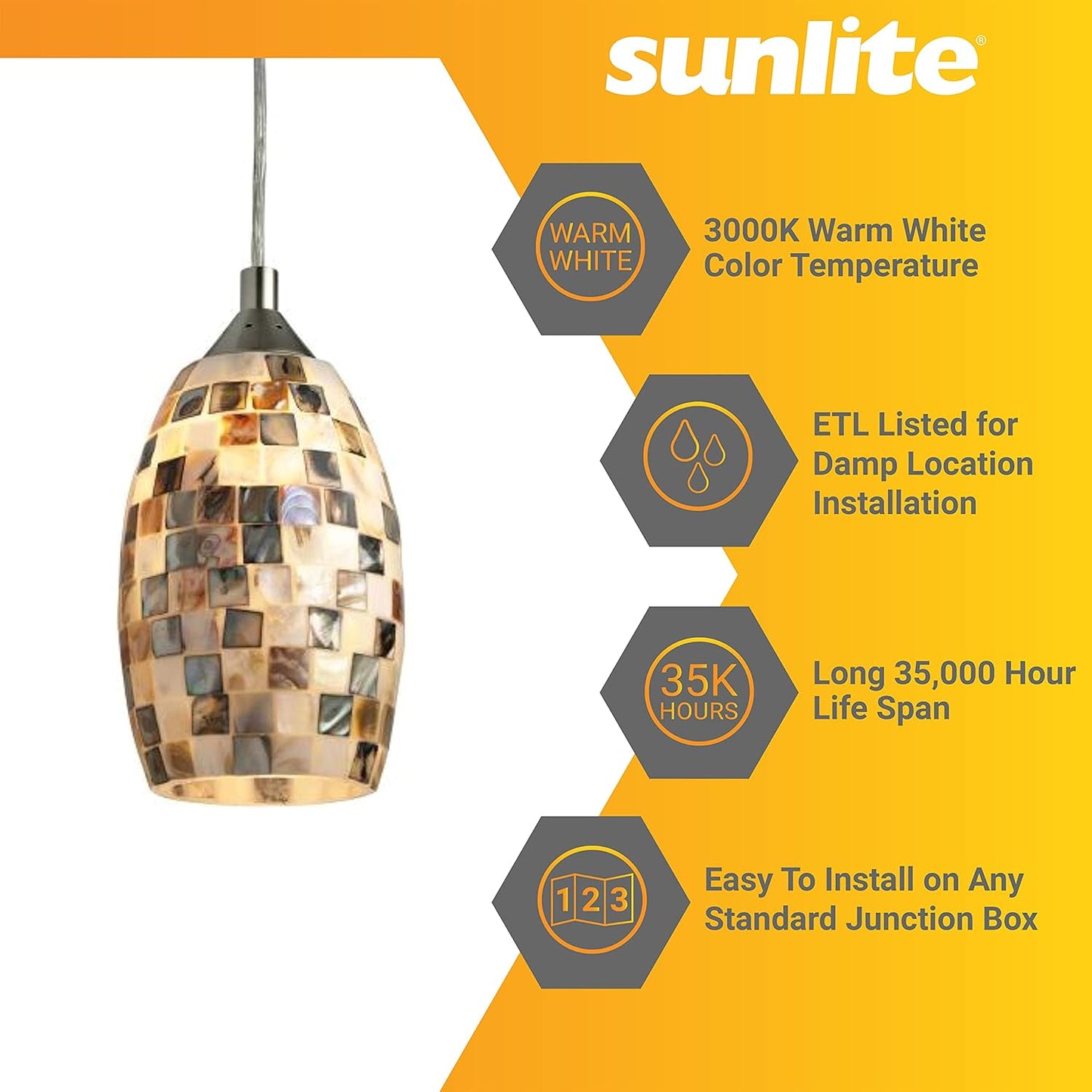 Sunlite 11 Inch LED Decorative Pendant Light Fixture, 9 Watts (60 Watt Equivalent), 800 Lumens, Dimmable, Glass Shade, Brushed Nickel Finish, ETL Listed, Venice