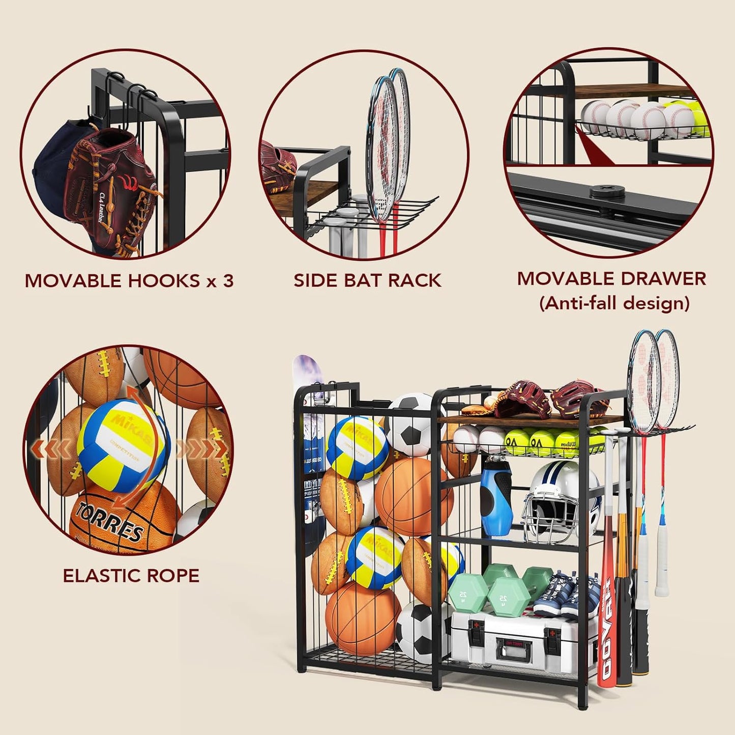 Garage Sports Equipment Organizer, Ball Storage for Gear and Toys, Large Capacity, Sports Organizer for Garage with Hooks and Baskets