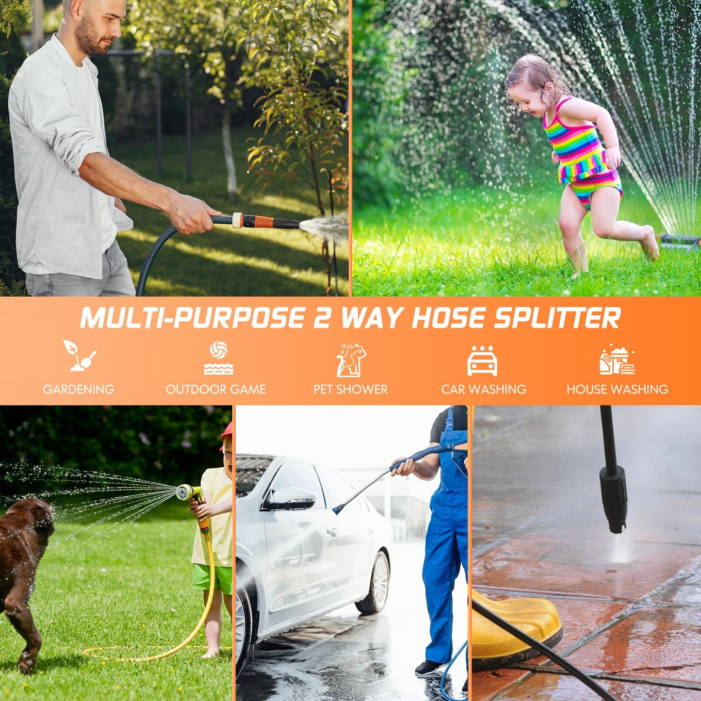 2 Way Garden Hose Splitter with Shut Off Valve,Water Spigot Splitter for 3/4" Hose Connector,Heavy Duty Metal Outdoor Faucet Splitter Y Connector for Hose,with 3 Leakproof Washers & 1 tape(2, Orange)