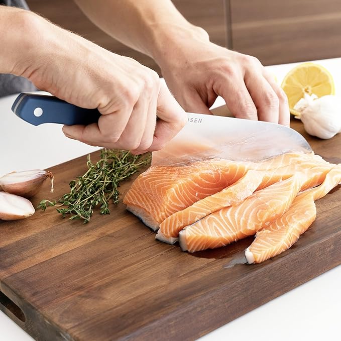 Misen Japanese Santoku Chef Knife - 8 Inch High Carbon Stainless Steel - Classic Japanese Knife Design for Cutting, Slicing, and Chopping - Razor Sharp Japanese Style Kitchen Knife, Blue