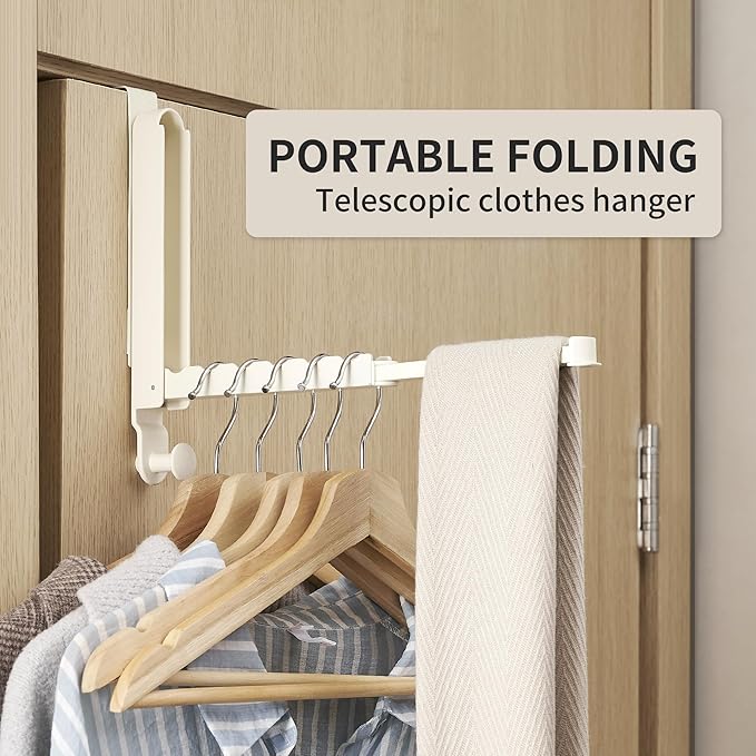 Over The Door Hooks Hanger Fit Door up to 1 3/4" Optimal 2pc,Over The Door Hanger with Retractable Rod,Foldable Over The Door Drying Rack for Laundry Bathroom Bedroom (Milky White, 2 Pack)