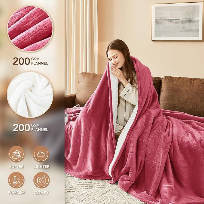 Homemate Electric Heated Blanket Full - 72"x84" Heating Bed Blankets Throw with 10 Heating Levels 8 Hours Auto Off Fast Heating Over-Heated Protection Ultra Soft Warm Flannel ETL Certified