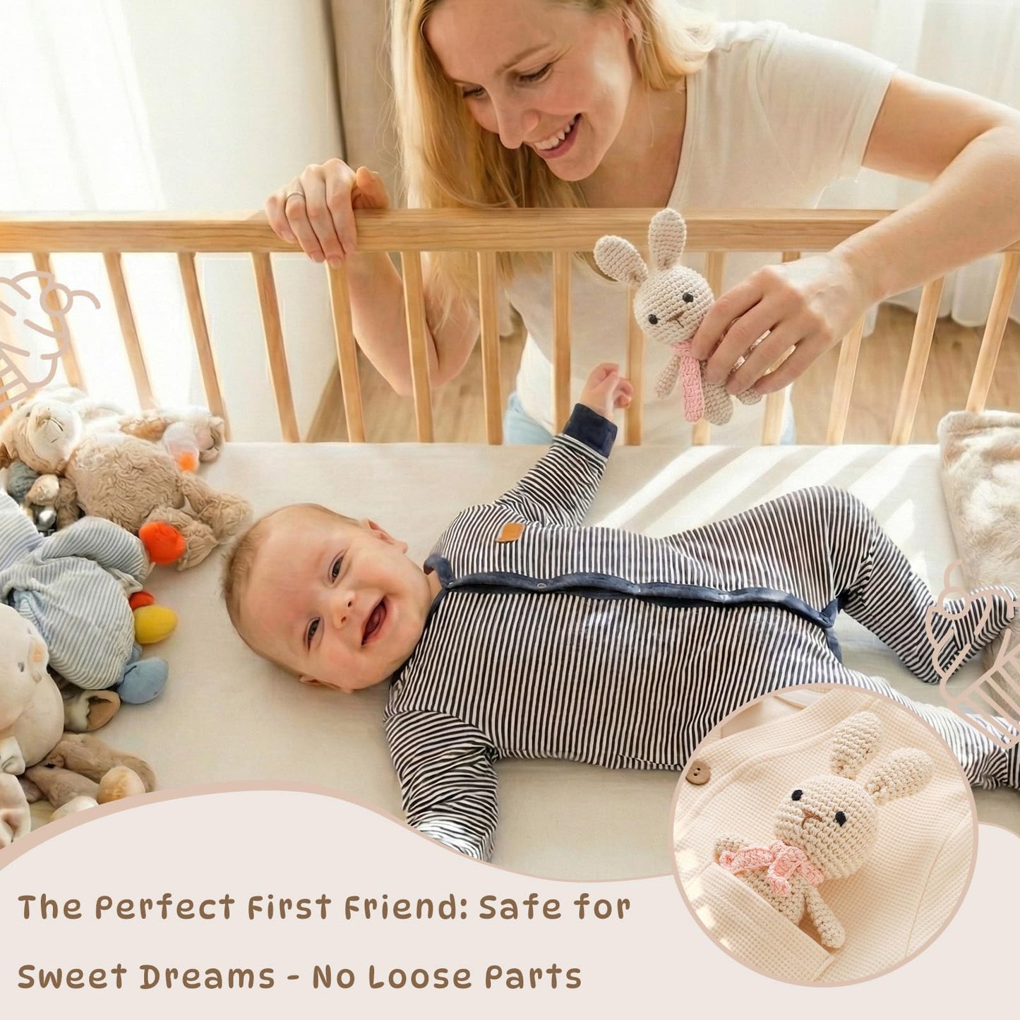Moyii Handmade Crochet Bunny Baby Rattle - Soft Cotton Amigurumi Sensory Shaker Toy for Newborns & Infants - Easy Grip Lovey Sleep Toy & Neutral Nursery Decor Shower Gift