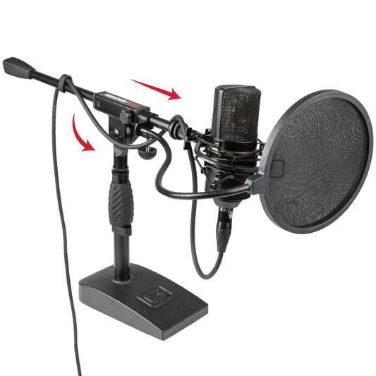Gator Frameworks Short Weighted Base Microphone Boom Arm Stand with Clamp-On Single Layer Pop Filter (GFW-MIC0821-POP), Black