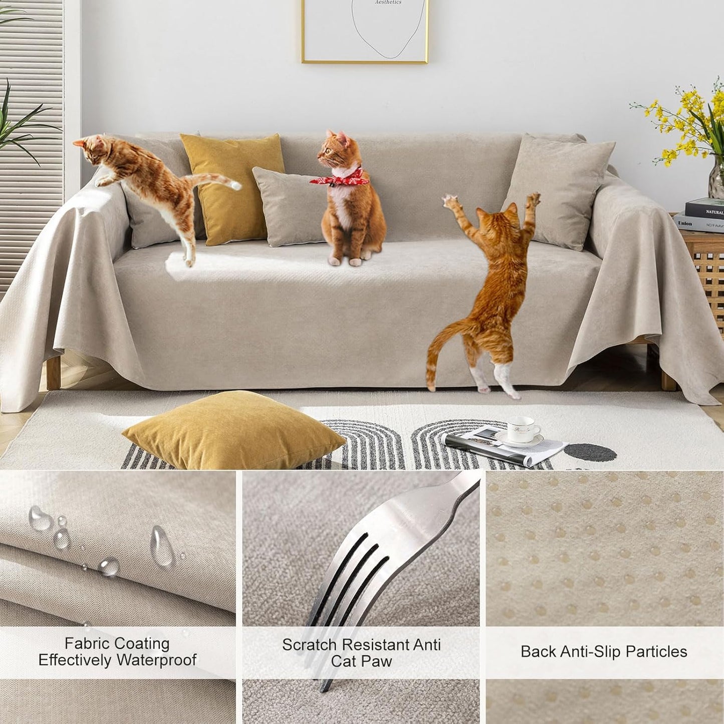STACYPIK Waterproof Sofa Covers Durable Beige Sectional Couch Cover L Shape for Kids Dogs Pet Protector Non-Slip Sofa Slipcover for 3-4 Cushion Couch Multi-Use Leak-Proof Couch Cover-71X150IN