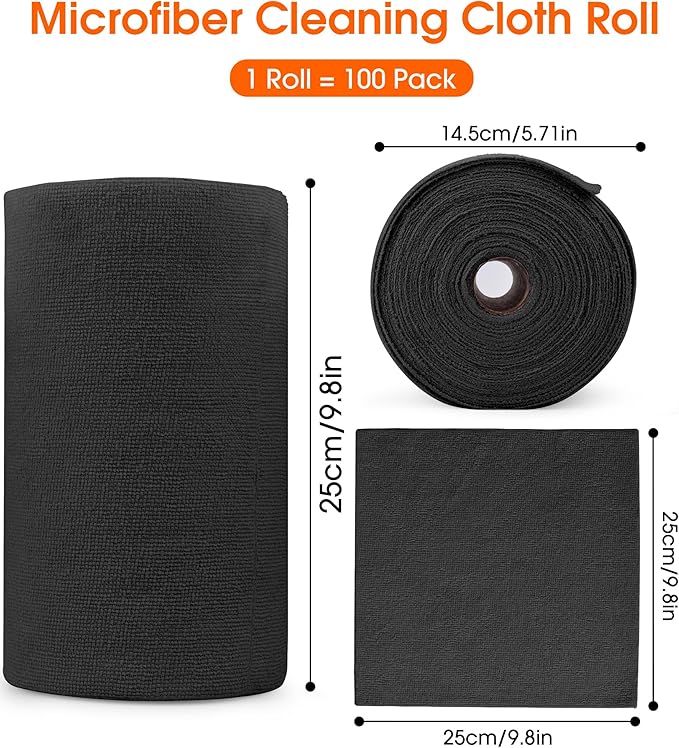 Microfiber Cleaning Cloth Roll–100 Pack, Tear Away Microfiber Towels, Reusable, Washable, Scratch-Free, Kitchen Towels for Car, Home, Kitchen, Glass, Dishes (Black)