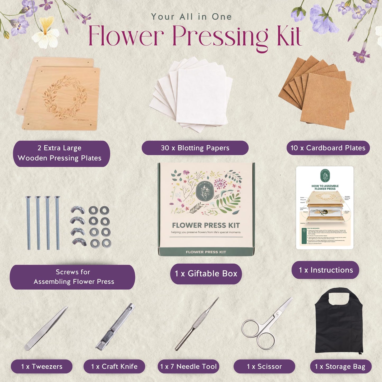 Extra Large Flower Press Kit | 11"x11" 10 Layers Wooden Pressing Boards, Tools & Bag | Crafting Kits for Adults & Kids | DIY Pressed Flower Plant Preservation Kit | Bouquet Preservation | Great Gift