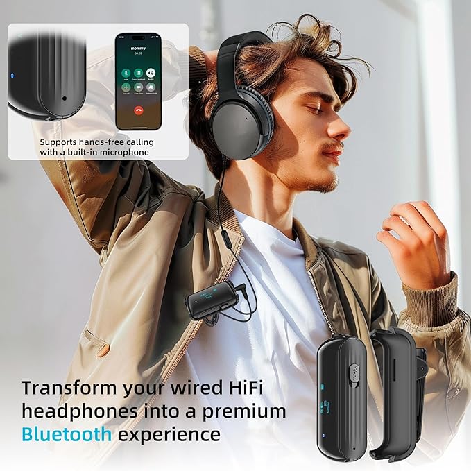 Bluetooth Transmitter Receiver for 2 AirPods/Headphones, Flight Bluetooth 5.2 Adapter for Airplane, TV, and Gym with a 3.5mm Audio Jack, Wireless BT Receiver with Mic for Car/Home Stereo