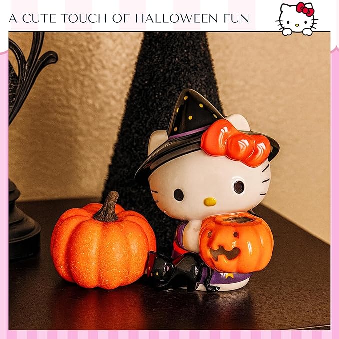 Blue Sky Clayworks Hello Kitty Halloween Trick-or-Treat Witch Figurine, Ceramic, 4.5" L x 3.825" W x 6" H, Kawaii Pumpkin Night Charm