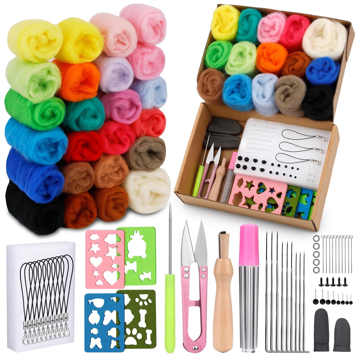 Yizzvb Needle Felting Kit, Wool Roving 24 Colors Set, Needle Wool Felting Tools Kit for Beginners, Needle Felting Starter Kits with Felting Needles for Felted Animal Needle Felting Supplies