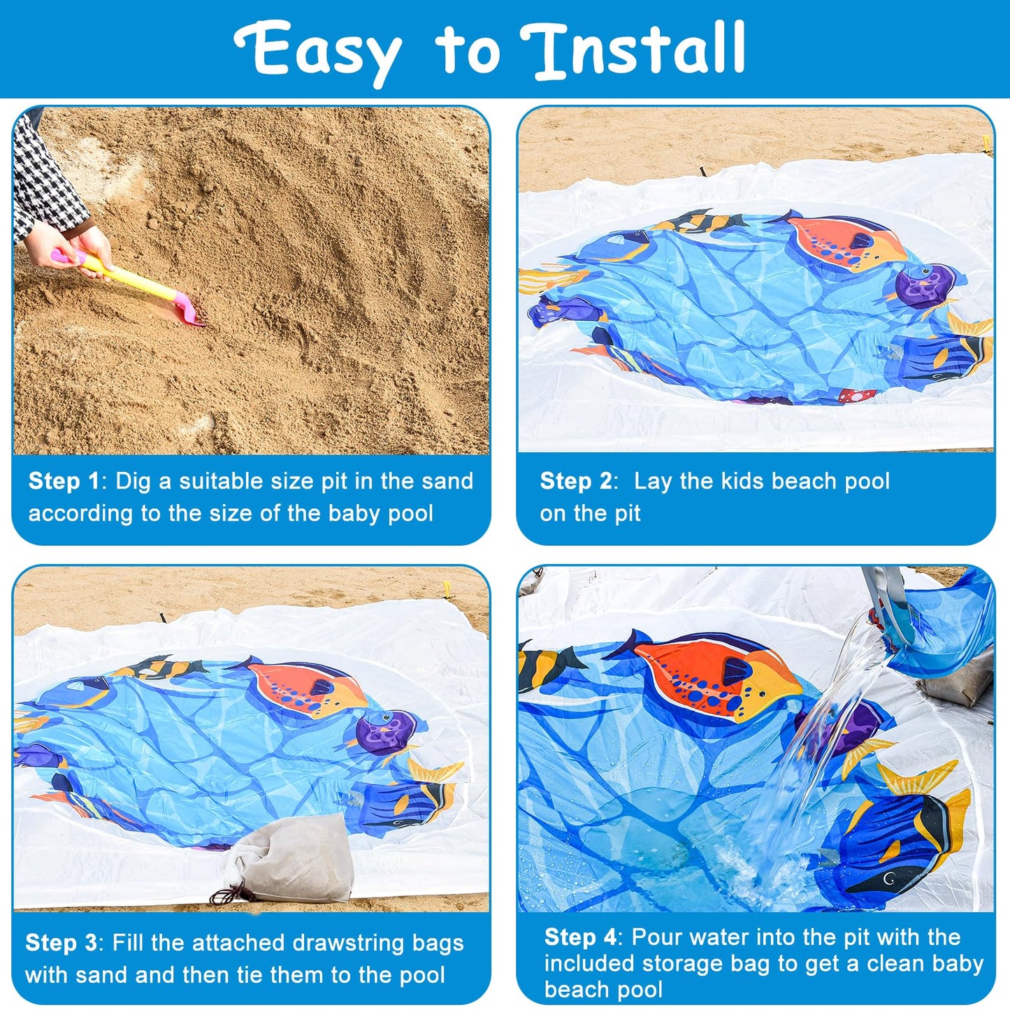 6.5 X 6.5 Ft Baby Beach Pool, 2 in 1 Portable Kids Beach Play Pool Puddle Toddler Beach Blanket and Kiddie Pools Blue Cartoon Childs Sand Pit Paddling Pools with Water Bag for Boy Girl Outdoor Camping