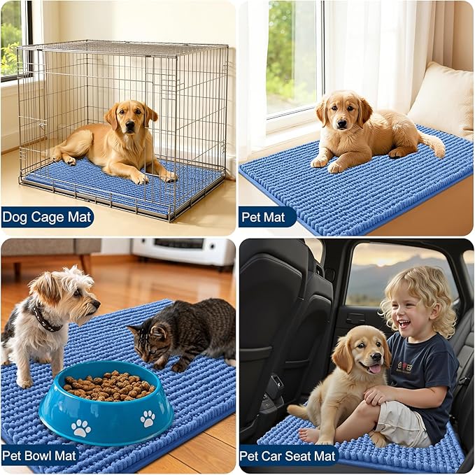 OLANLY Dog Door Mat for Muddy Paws 44x32, Ultra Absorbent Chenille Mud Doormat, Non-Slip Washable and Dirt Trapping Doormat for Indoor Entryway, Quick-Dry Indoor Pet Bed Mats for Dogs, Cornflower Blue