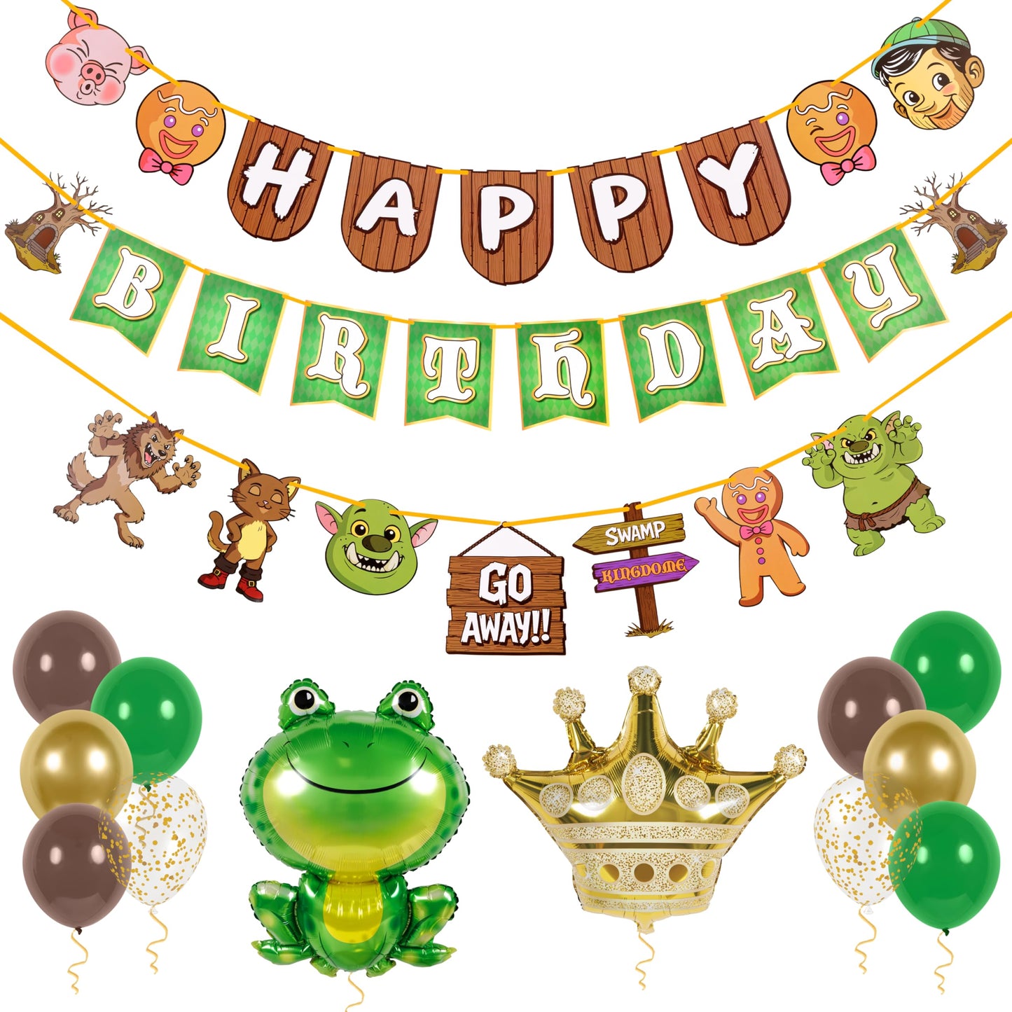 Pirese Ogre Birthday Decorations, Swamp Birthday Party Decorations Kit with Pre-Strung Happy Birthday Banner, Frog & Crown Foil Balloons, Latex and Confetti Balloons, Ogre Party Supplies