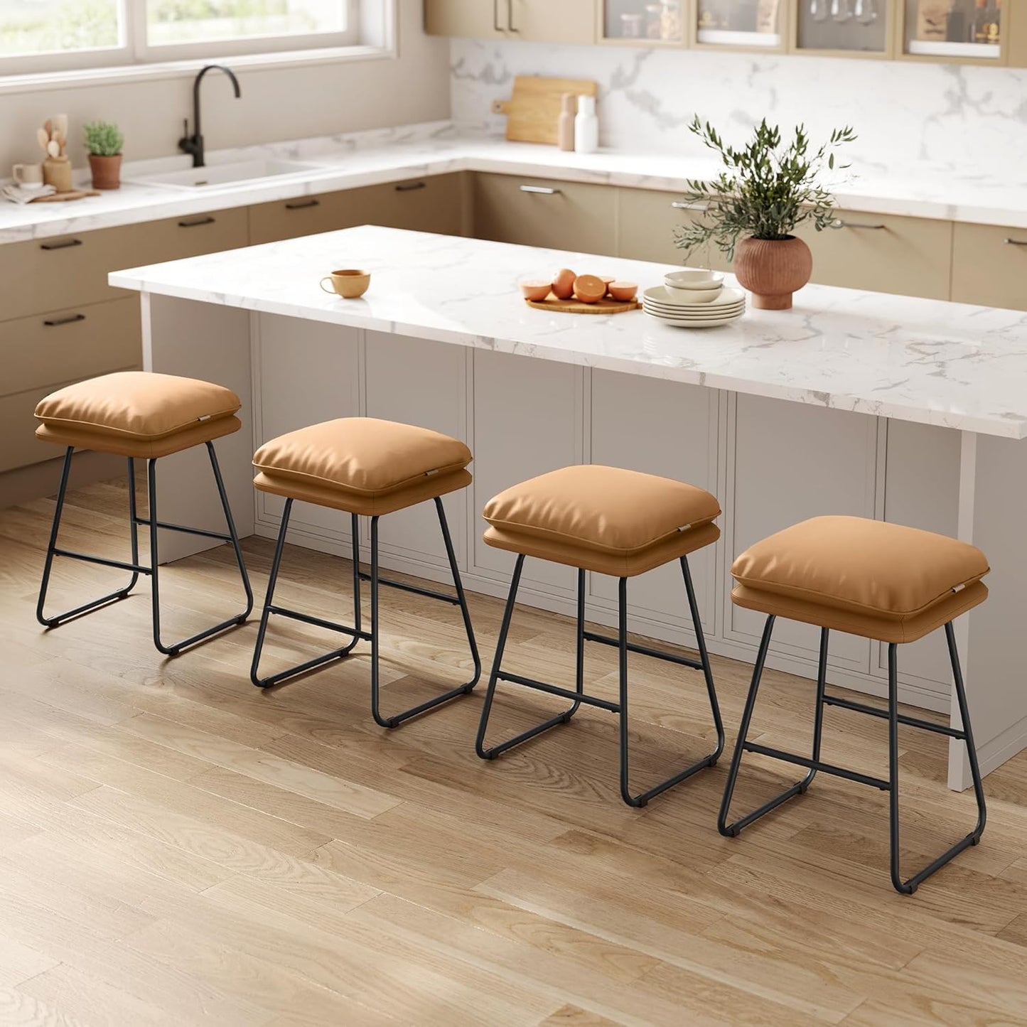 VASAGLE Bar Stools Set of 4, Counter Height Bar Stools, Leather Counter Stools Barstools with Soft Cushion and Metal Sled Legs, 25.6 Inches Bar Height Bar Chairs for Kitchen Island, Caramel Brown