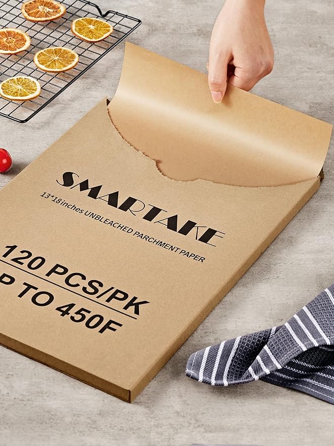SMARTAKE 120Pcs Parchment Paper Sheets, 13x18 Inch Pre-Cut Parchment Paper for Baking, Non-Stick Baking Paper, Natural Wood Pulp, for Air Fryer Steaming Grilling Rack Oven (Unbleached)