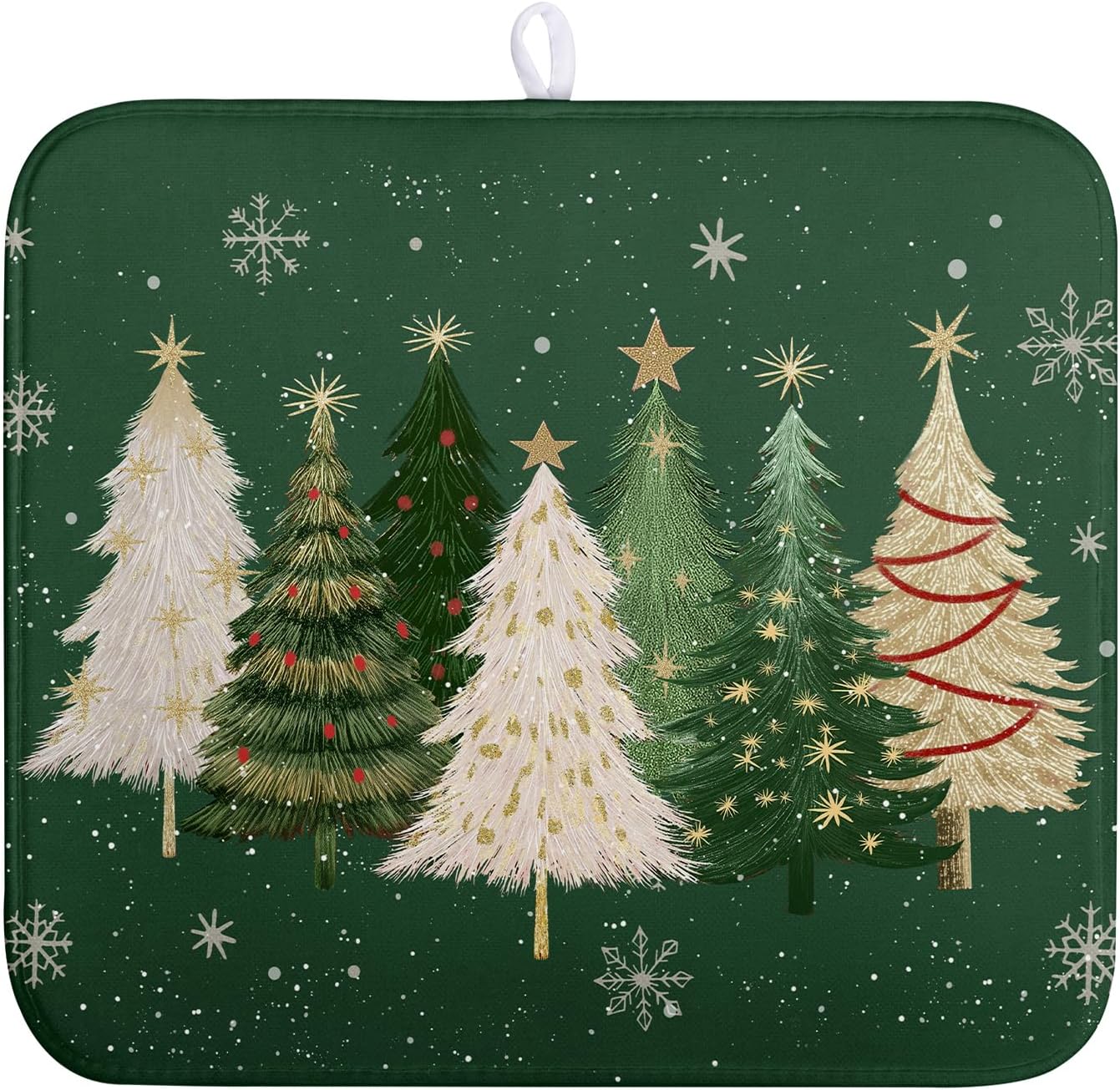 Green Christmas Tree Snowflakes Dish Drying Mat for Kitchen Counter 16x18 Inch Winter Xmas Holiday Dish Rack Mat Absorbent Microfiber Dish Draining Mat Reversible Drainer Pad