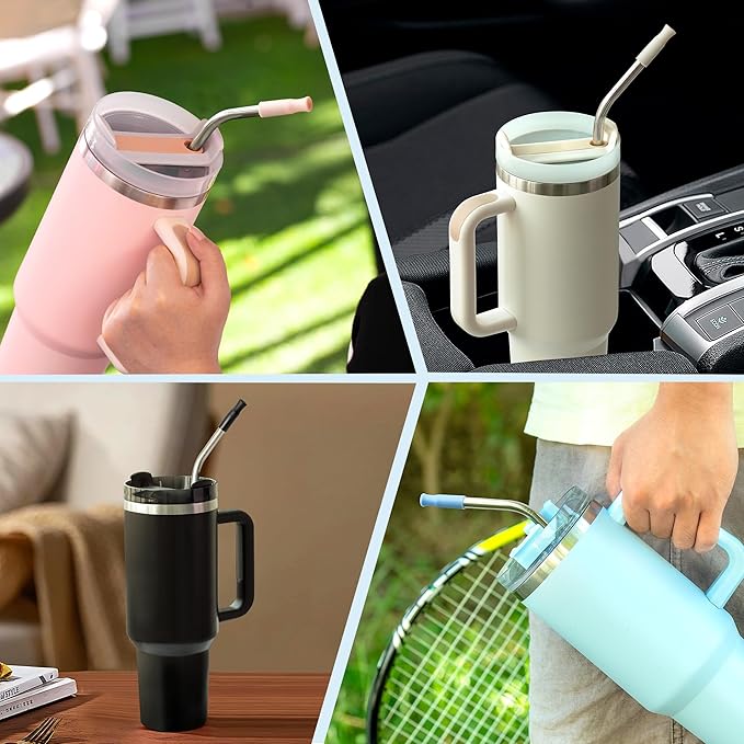 Reusable Stainless Steel Straws with Silicone Tip for Stanley 30oz, Metal Drinking Straws for 30oz Tumbler,3 Bent Tubes & 6 Tips& 1 Cleanr Brush (Rose Quartz)