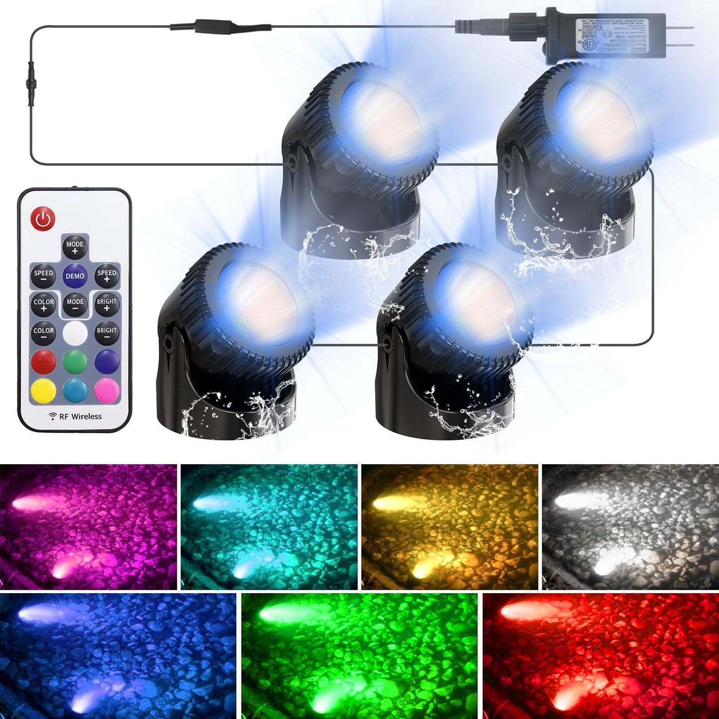 Srygery RGB Underwater Pond Lights, 20 Colors Dimmable Submersible Led Fountain Lights with Timer, IP68 Waterproof with Remote Control for Outdoor Ponds Aquarium Garden Pool (Set of 4)