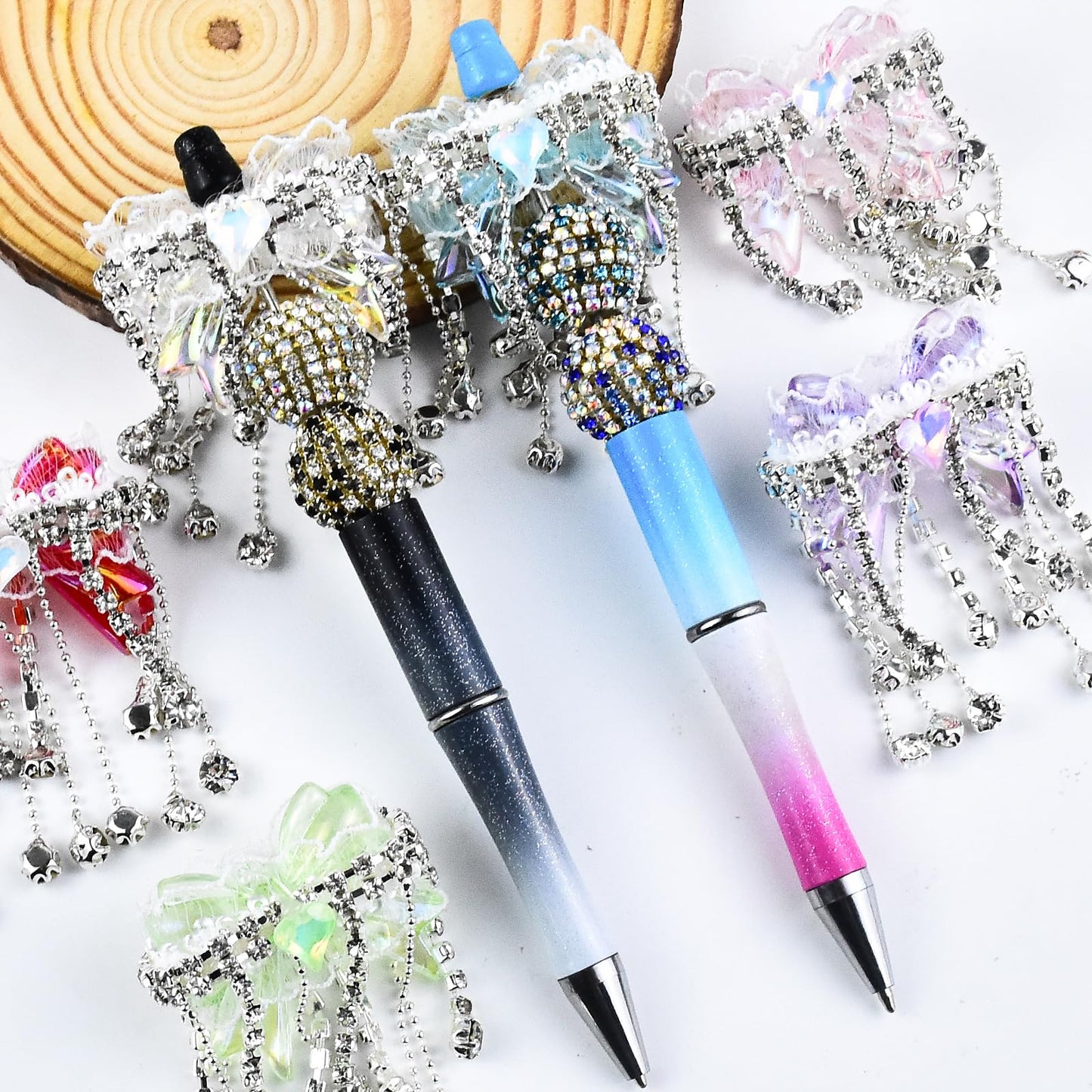 6Pcs White Lace Bow Rhinestone Acrylic Tassel Focal Beads for Pens Colorful 3D Bow Spacer Beads for DIY Craft Beadable Pens Jewelry Bracelet Necklace Earrings Keychain Making
