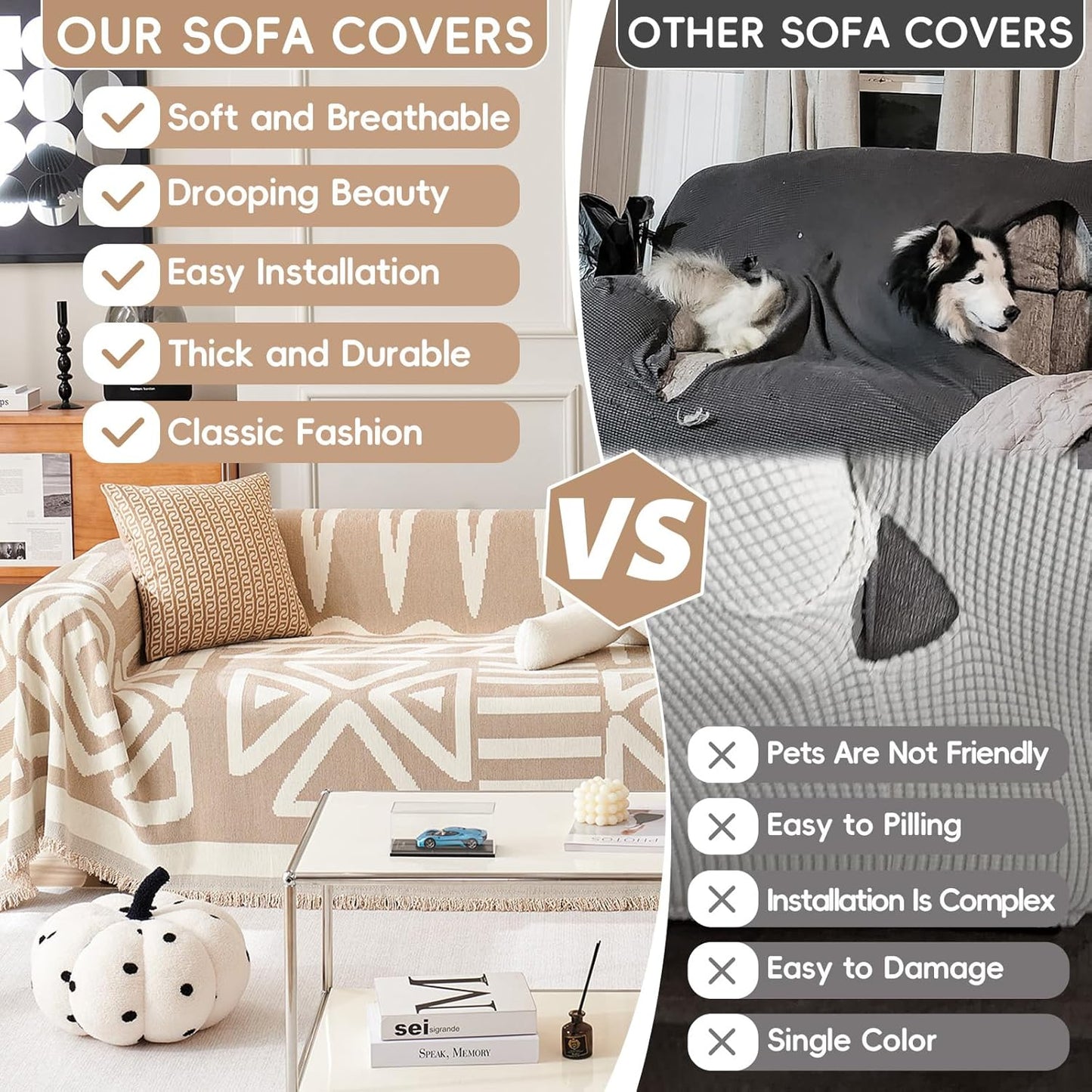 STACYPIK Boho Sofa Cover, Dog Couch Cover for Sofa, Non-Slip Khaki Sofa Cover for L Shaped, Furniture Protector for 3 Cushion Couch, Multi-Use Sectional Couch Cover, Multi-Use Sofa Silpcover-71X150IN