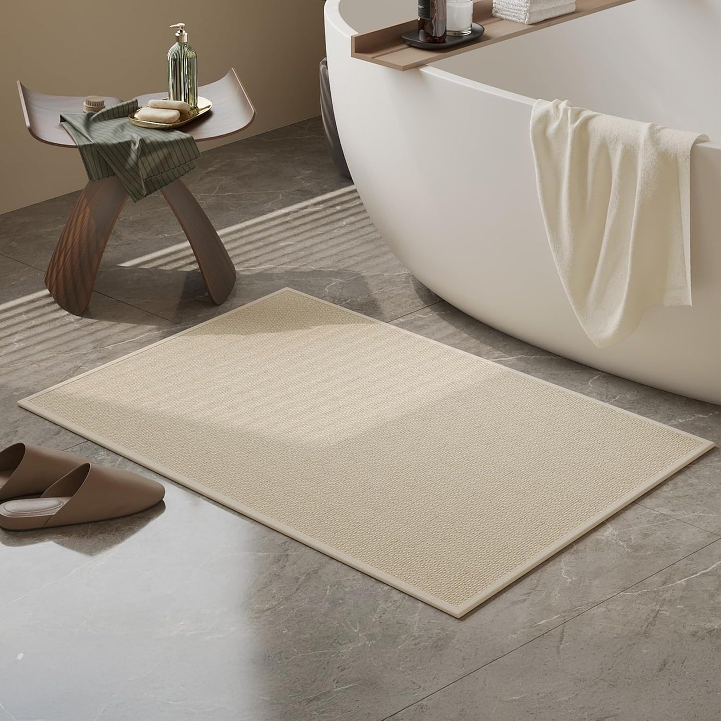 Mecko Bath Mat, Ultra Absorbent Quick Dry Bathroom Floor Mats-Upgraded Thin Cozy Cloth Bathroom Mat Fit Under Door, Rubber Non-Slip Bathroom Rug for Bathtub, Sink, Shower Room(Oatmeal,20"x32")