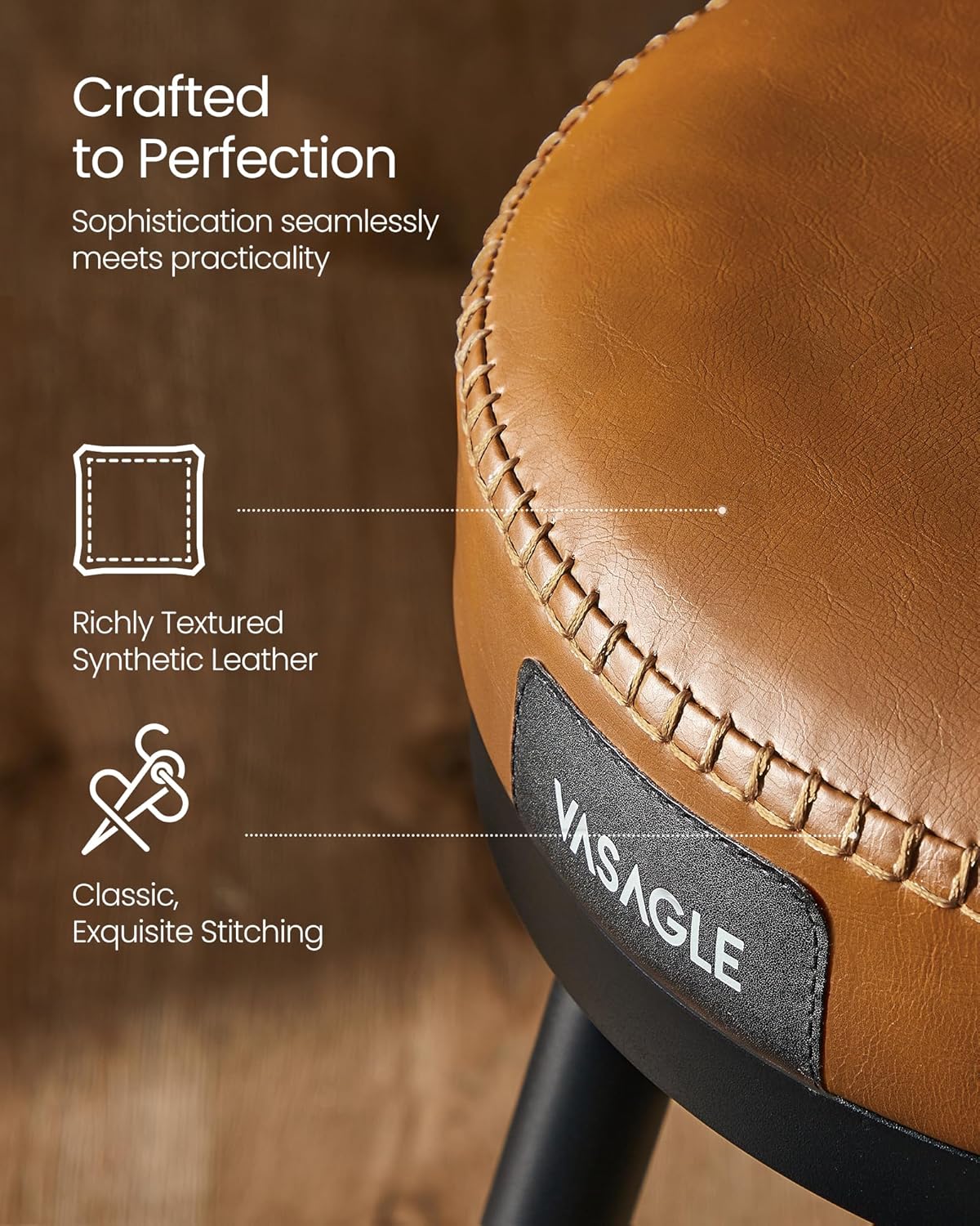 VASAGLE EKHO Collection - Swivel Bar Stools Set of 2, Counter Height Backless Bar Stools, Synthetic Leather with Stitching, Mid-Century Modern, 25.6-Inch Tall Kitchen Barstools for Home, Caramel Brown