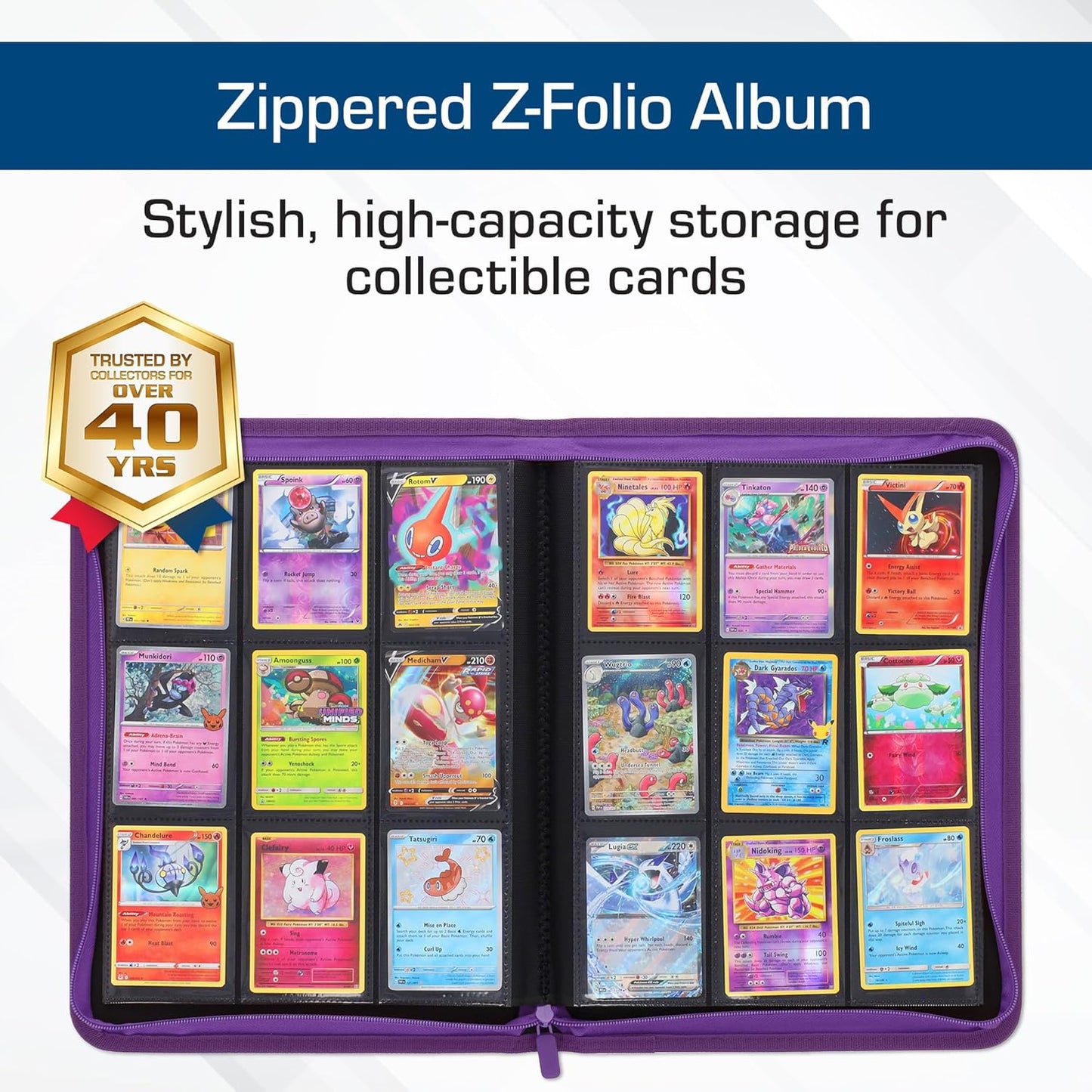 BCW Z-Folio 9-Pocket LX Album - Purple | Secure Zipper Card Organizer | Premium Leatherette Card Collection Binder | Trading Card Binder for Pokemon, MTG, Sport Cards and More